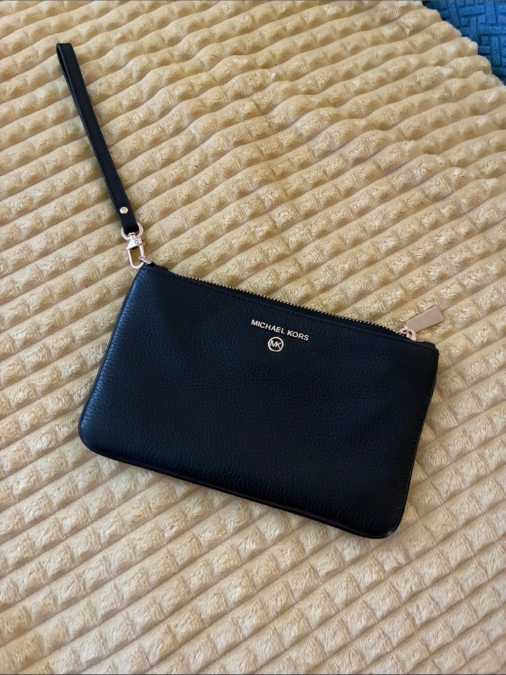 Michael Kors Black Leather Wristlet Clutch with Gold Hardware